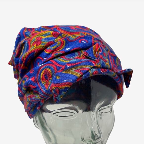 60s Turban Style Hat Paisley Blue Red Bow Vintage MidMod Casual Boho Styles - Picture 1 of 7